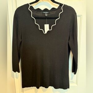 dressbarn Black Long Sleeve V-Neck Top with White Scallop Trim